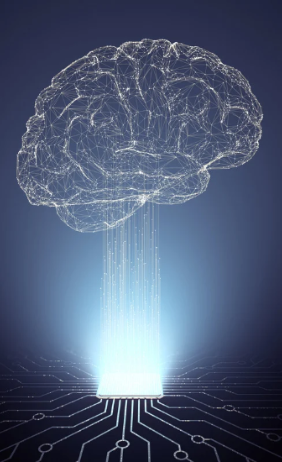 Digital 3D neural network brain graphics representing neurotechnology innovation and medical technology
