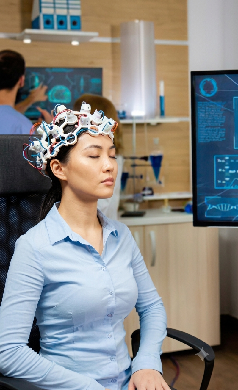 Patient wearing clinical EEG headset during neurological assessment and brain monitoring session