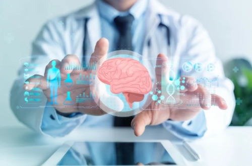 Medical specialist interacting with a digital 3D brain interface and diagnostic data distributed by NeuroScience Solutions - Singapore