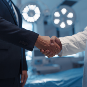 Medical equipment distributor and clinical specialist shaking hands in a high-tech operating theater