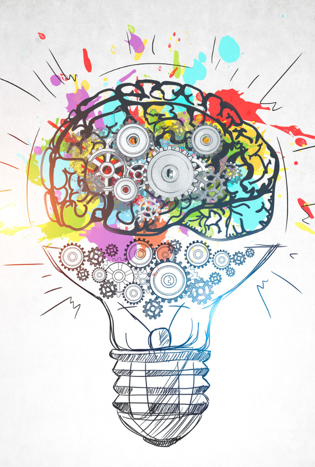 Illustrated lightbulb and gears forming a colorful brain, representing cognitive innovation and neuro wellness programs by NeuroScience Solutions in Singapore